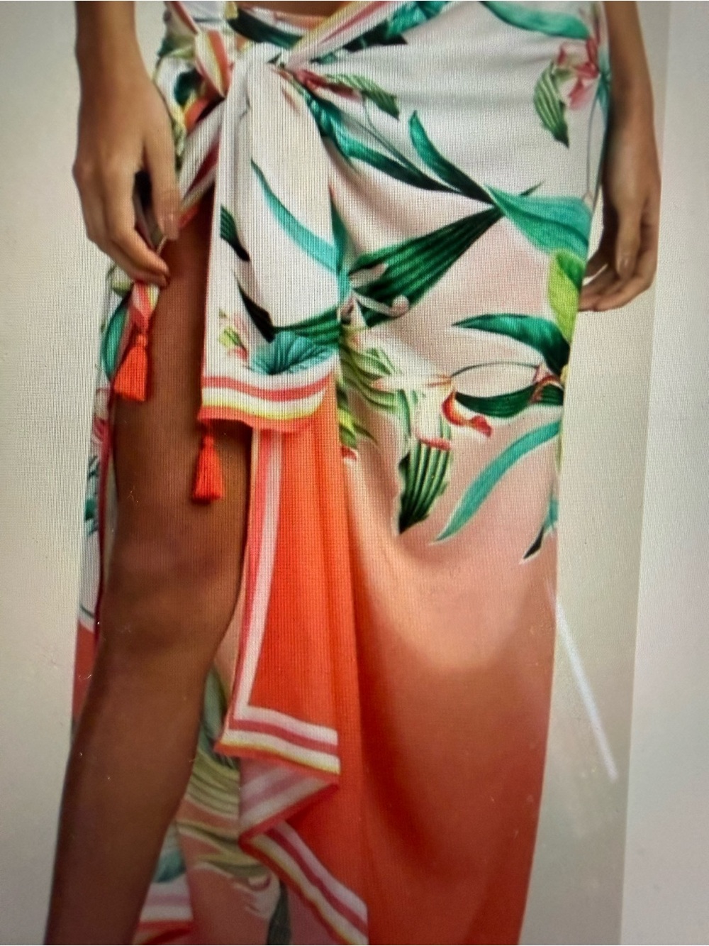 Trina Turk Coral and Green Tropical Leaf Swim Sarong Wrap